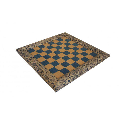 Handmade Blue Floral Wood & Faux Leather Chessboard, 39cm, Made in Italy