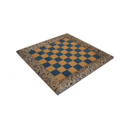 Handmade Blue Floral Wood & Faux Leather Chessboard, 39cm, Made in Italy