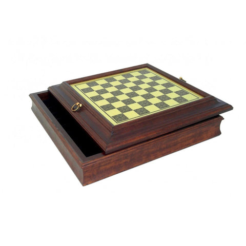 Italian Handmade Wooden Chess Board, Brass Effect, Storage, 38 cm
