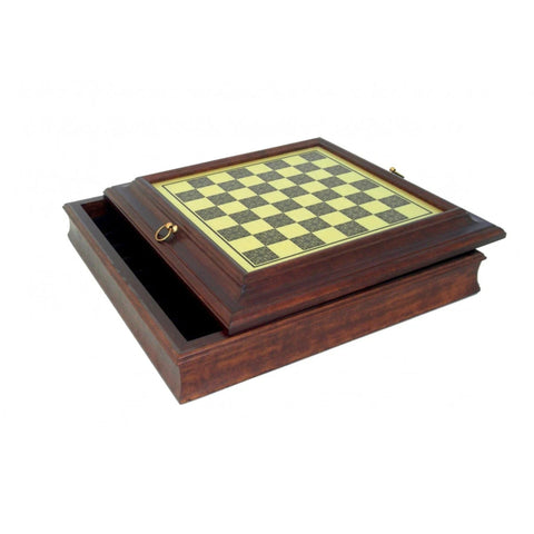 Italian Handmade Wooden Chess Board, Brass Effect, Storage, 38 cm