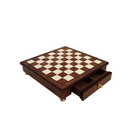 Glossy Handmade Elm Wood Chess Board with Drawer, 32cm, Made in Italy
