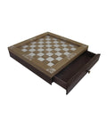 Italian Handmade Chess Board with Drawer, Wood Aluminum Vegan Leather, 35cm