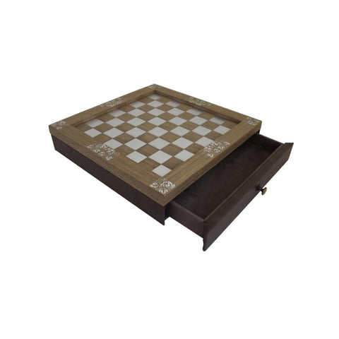 Italian Handmade Chess Board with Drawer, Wood Aluminum Vegan Leather, 35cm