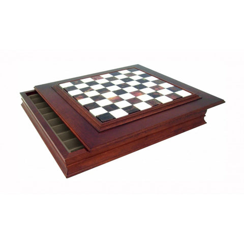 Handmade Wood & Marble Chess Board with Storage Drawer, 48x48 cm, Made in Italy