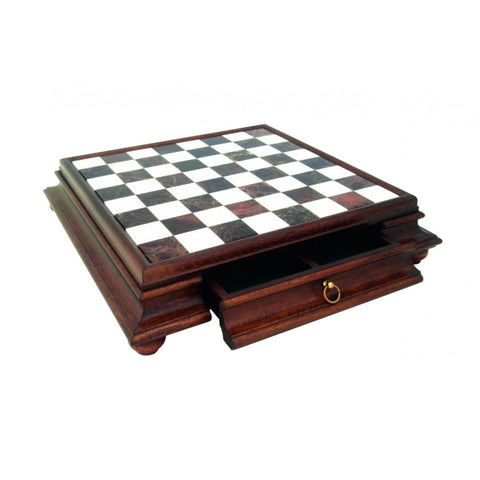 Handmade Wood & Marble Chess Board with Storage Drawer, 46x46 cm, Italy