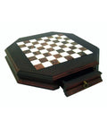 Octagonal Wood & Marble Chess Board with Drawer, 46x46 cm, Made in Italy