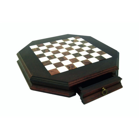Octagonal Wood & Marble Chess Board with Drawer, 46x46 cm, Made in Italy
