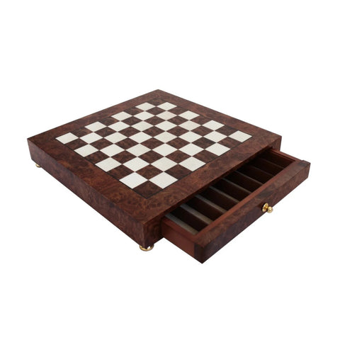 Handmade Elm Wood Chess Board with Drawer Storage, 42x42cm, Made in Italy