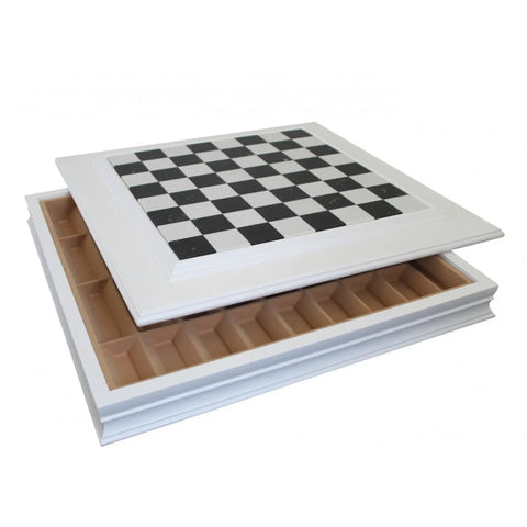 White Marble Top Wooden Chess Board with Drawer, 50x50 cm, Handmade Italy