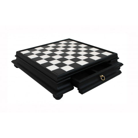 Italian Handmade Black Marble & Wood Chess Board with Storage Drawer, 46 cm