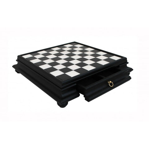 Italian Handmade Black Marble & Wood Chess Board with Storage Drawer, 46 cm