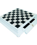 Handmade White Marble & Wood Chess Board with Storage Drawer, 46cm, Italy