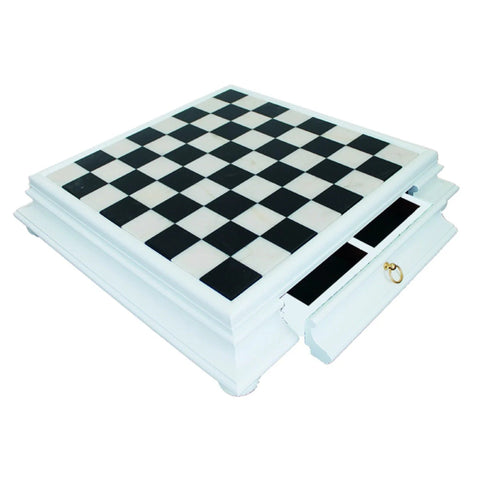 Handmade White Marble & Wood Chess Board with Storage Drawer, 46cm, Italy