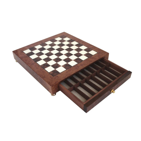 Glossy Elm Wood Chess Board with Storage Drawer, Handmade in Italy, 42x42 cm