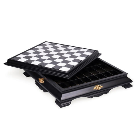 Luxury Handmade Marble & Wood Chess Board, Drawer, 46 cm, Italy