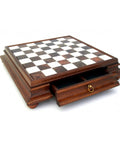 Italian Handmade Wood & Marble Chess Board with Storage Drawer, 60x60 cm