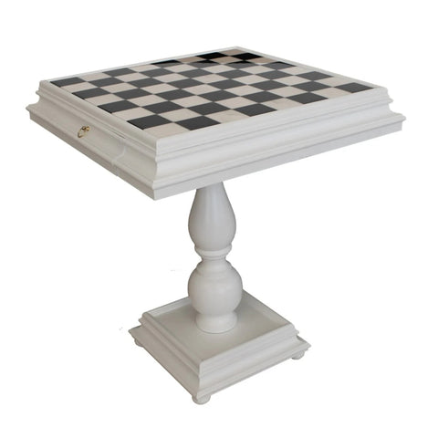 White Wooden Chess Table with Marble Top & Storage Drawers, Made in Italy