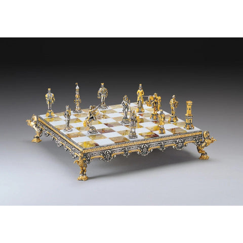 Medieval 24K Gold-Plated Bronze Chess Set, Onyx Board, Handmade in Italy