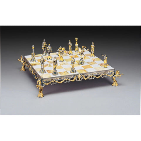 Handmade Medieval 24K Gold-Plated Bronze Chess Set, Onyx Board, Made in Italy