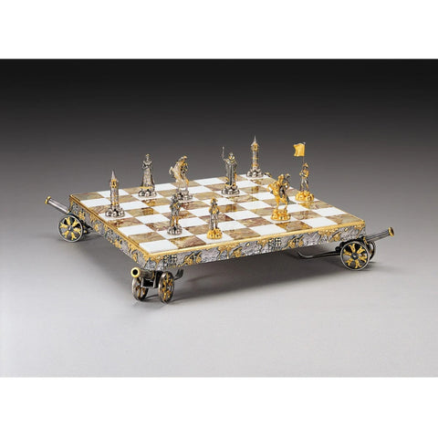 Handmade 24K Gold Plated Bronze Chess Set, Onyx Board, Napoleon, Made in Italy