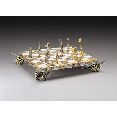 Handmade 24K Gold Plated Bronze Chess Set, Onyx Board, Napoleon, Made in Italy
