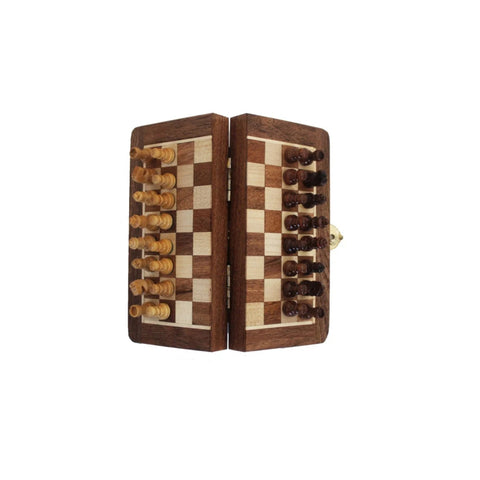 Mini Magnetic Wooden Travel Chess Set, Folding Board 13.5cm, Handmade Italy