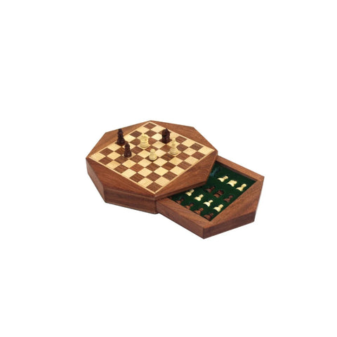 Mini Magnetic Wooden Travel Chess Set, Handmade Round 16cm Board with Drawer