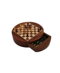 Magnetic Wooden Travel Chess Set, Round Handmade Board 16cm with Drawer, Italian