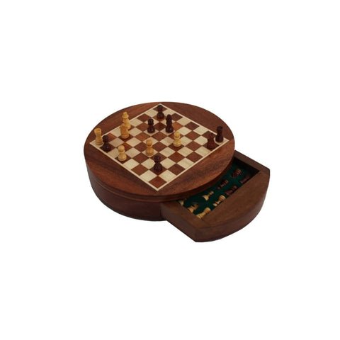 Magnetic Wooden Travel Chess Set, Round Handmade Board 16cm with Drawer, Italian