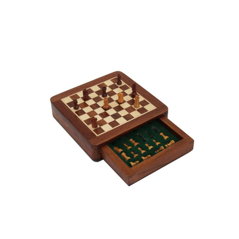 Mini Magnetic Solid Wood Chess Set with Drawer Board Travel Made in Italy 13.5cm