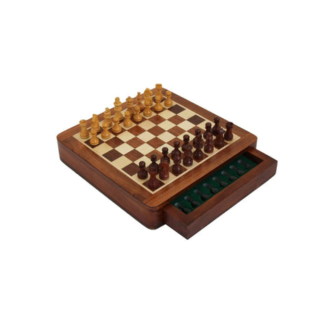Magnetic Wooden Chess Set with Drawer, 19.5 cm Travel Board, Handmade Italy