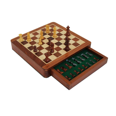 Magnetic Wooden Chess Set with Drawer, 25x25cm Travel Board, Handmade in Italy