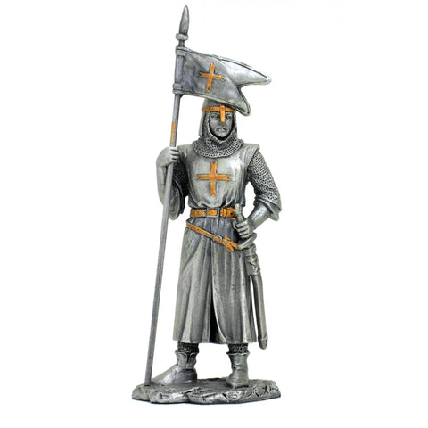 Teutonic Knight Figurine with Flag, 13cm Hand-Painted Tin Statue, Italy
