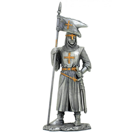 Teutonic Knight Figurine with Flag, 13cm Hand-Painted Tin Statue, Italy