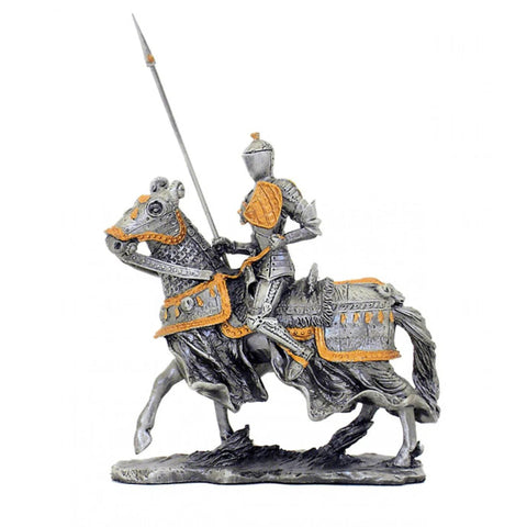 Hand-Painted Pewter Knight with Lance Figurine, 12 cm, Made in Italy