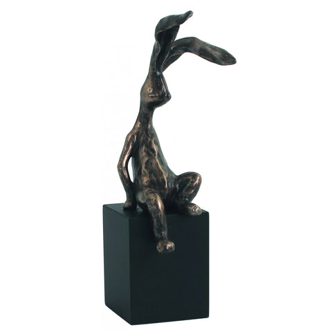 Bronze Resin Bunny Figurine on Cube Base, 17cm Rabbit Statue, Made in Italy