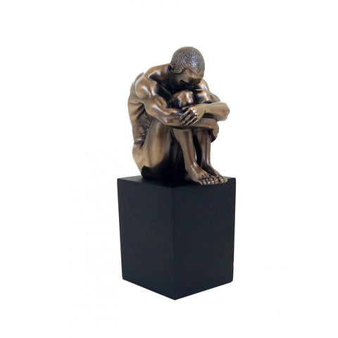Bronze Resin Nude Seated Man on Cube Sculpture, Modern Art Statue, 12cm Italian