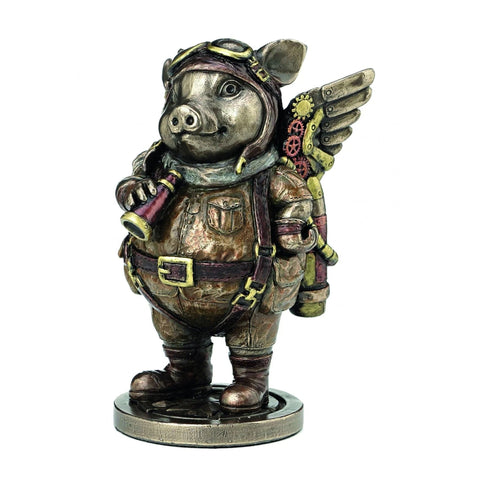 Steampunk Pig Aviator Statue – Bronze Resin Figurine, 14cm, Made in Italy