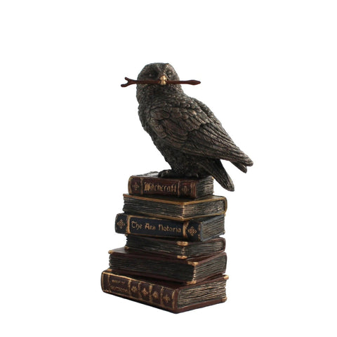 Bronze Owl on Books with Wizard Wand Statue, 14cm Resin, Italian