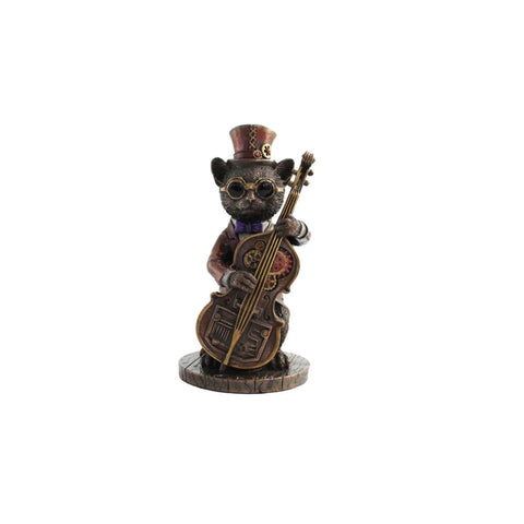 Steampunk Cat Bass Guitar Statue, Bronze Resin Figurine, 13 cm, Italian Made