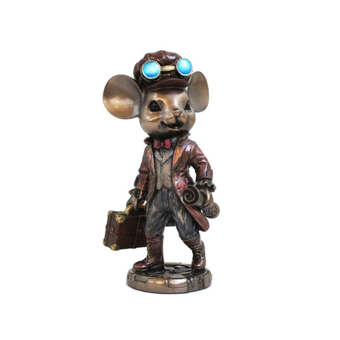 Steampunk Traveler Mouse Figurine, Bronze Resin Statue, 14cm Home Decor Gift
