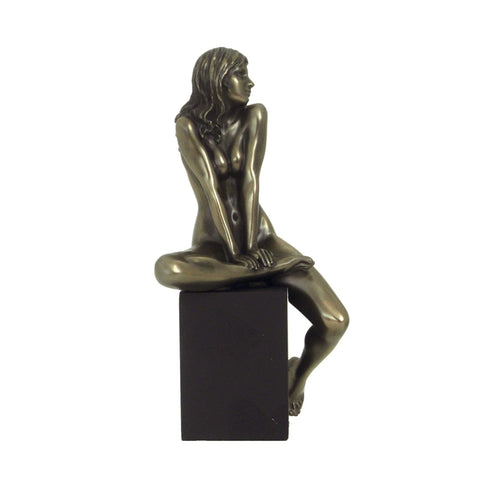 Bronze Resin Nude Woman Statue on Black Cube, 20cm Italian Sculpture