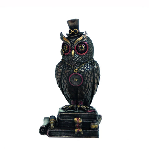 Steampunk Owl Statue, Bronze Resin, 20cm Scholar Hat Decor, Made in Italy, Gift