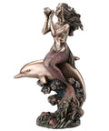 Bronze-Finish Mermaid on Dolphin Statue, 21cm Resin Figurine, Italian Decor