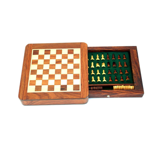 25X25CM QUALITY MAGNETIC WOODEN CHESS SET WITH DRAWER + CHECKER SET - Hobby.lt