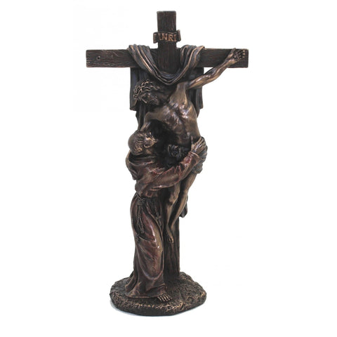 Crucified Jesus & St. Francis Statue, Bronze Resin, 29cm, Made in Italy