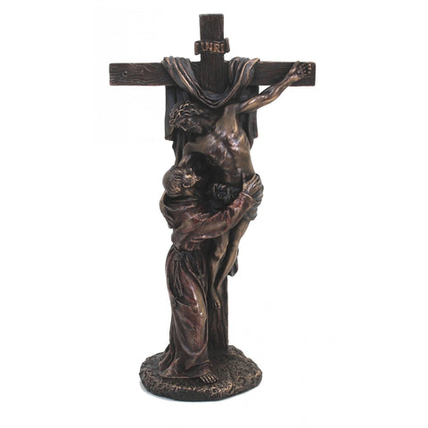 Crucified Jesus & St. Francis Statue, Bronze Resin, 29cm, Made in Italy