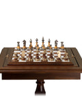 Beech Wood Chess Table with Alabaster Top and Stylized Chess Set