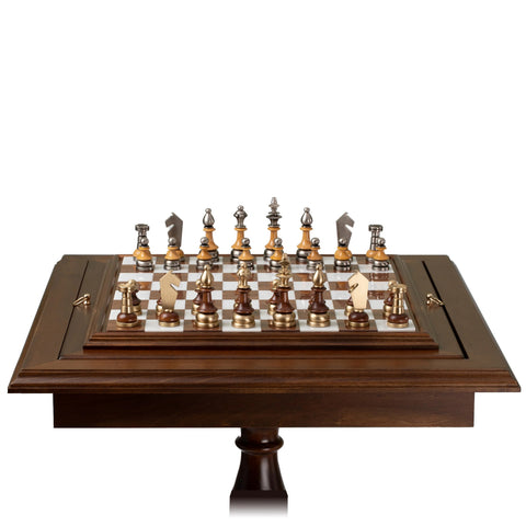 Beech Wood Chess Table with Alabaster Top and Stylized Chess Set