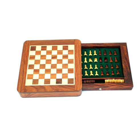 14x14cm Magnetic Wooden Chess Set With Drawer + Checker Set